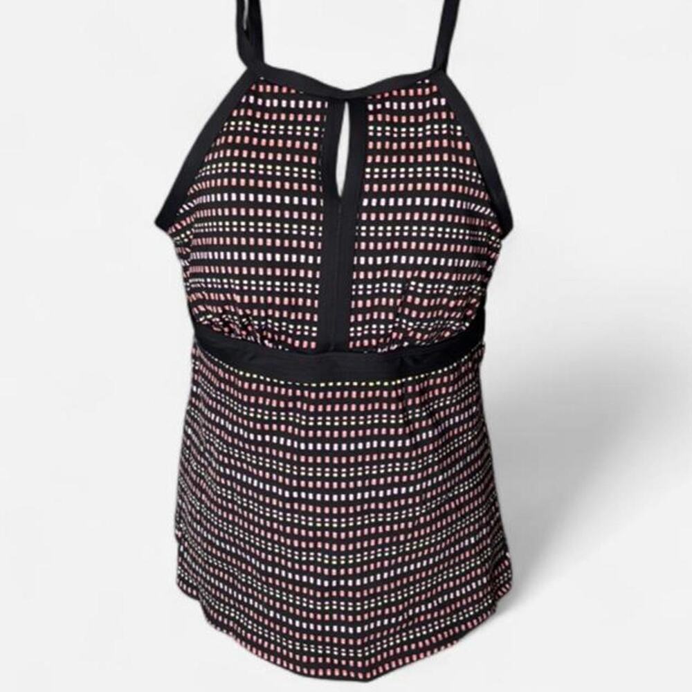 Lands' End Size 8 High Neck Keyhole Tankini Swim Top Pink Black Geometric Grid